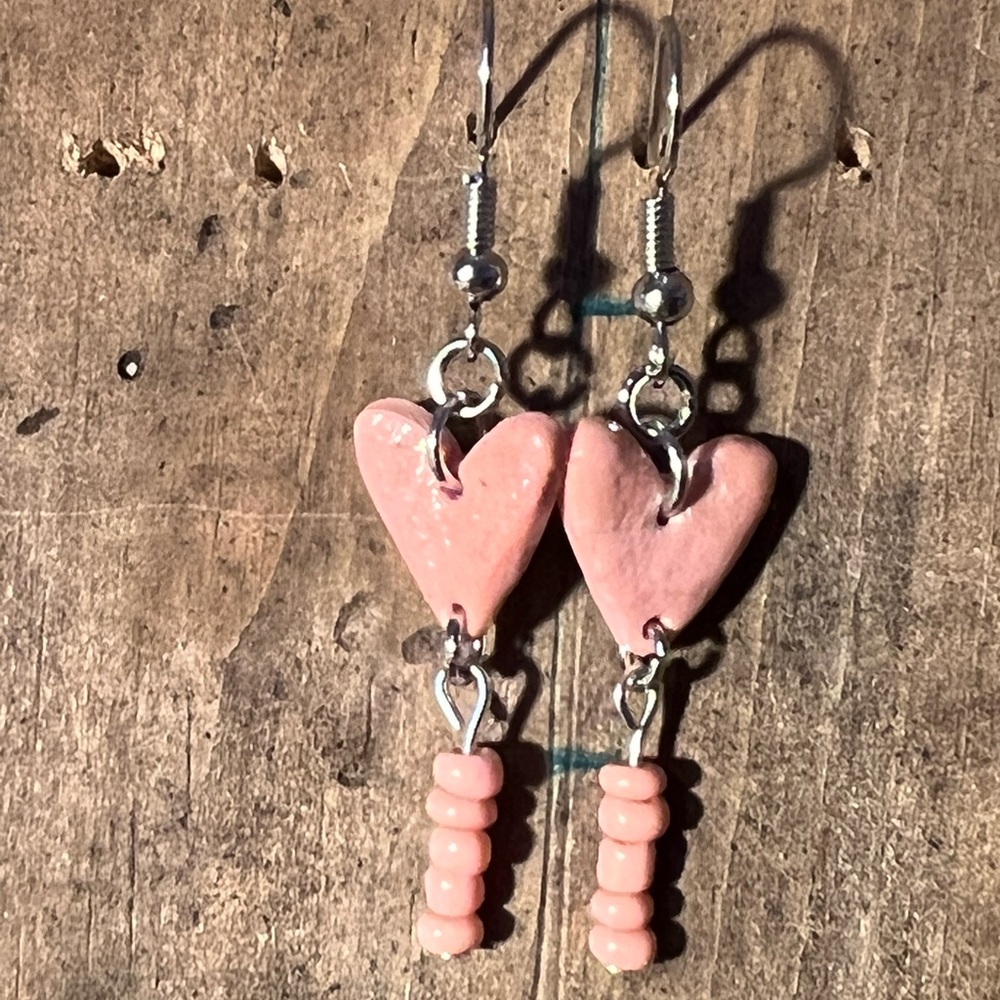 Pink Beaded Heart Dangle Earrings